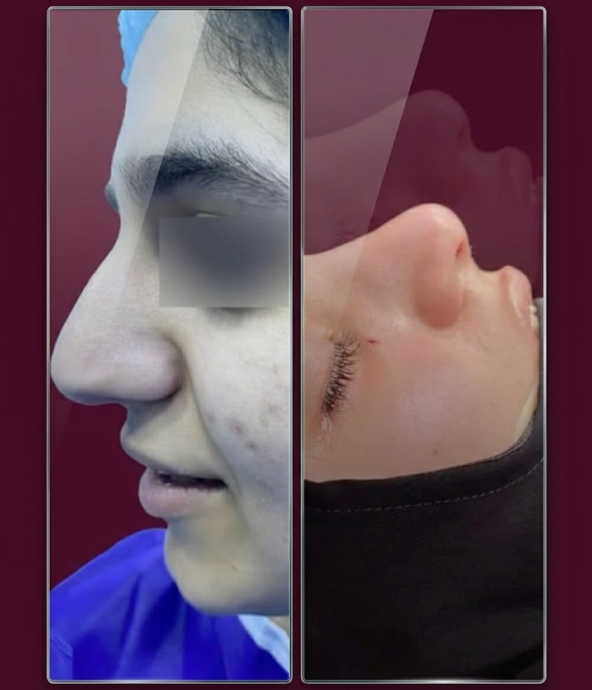 Before and after preservation rhinoplasty, profile view, patient 1