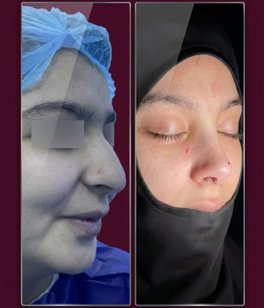 Before and after preservation rhinoplasty, profile view, patient 2